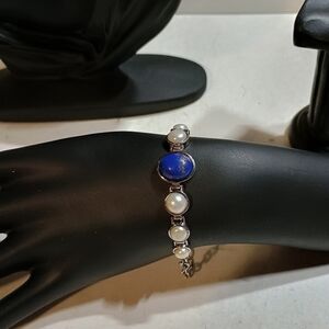 Elegant Lapis and Pearl Silver Toned Bracelet